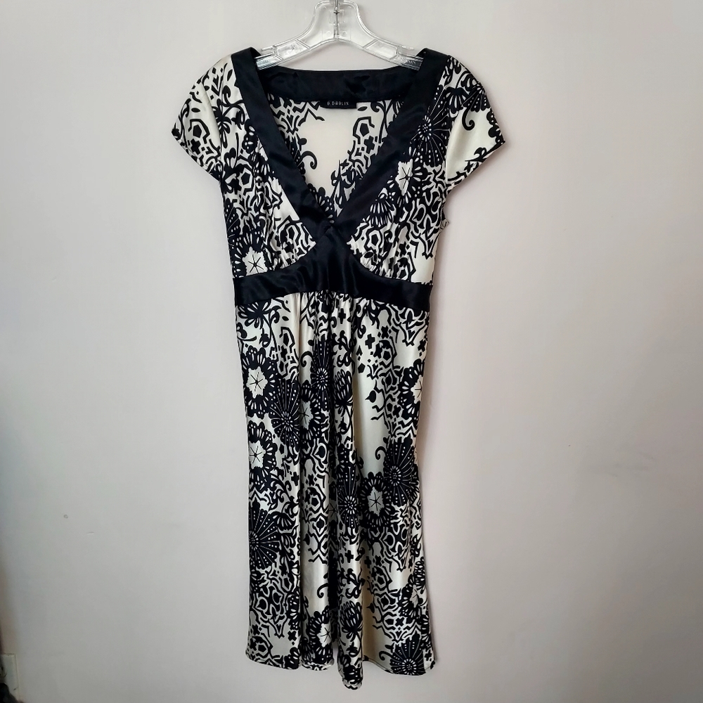 B Darlin Elegant Satin black & cream Abstract floral Midi dress Dark Moody Chic
